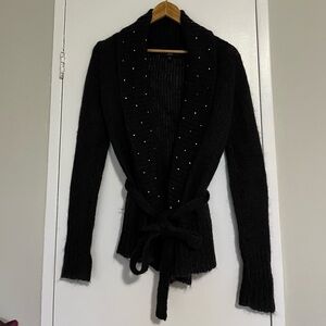 Grey Wool Cardigan with rhinestones & belt